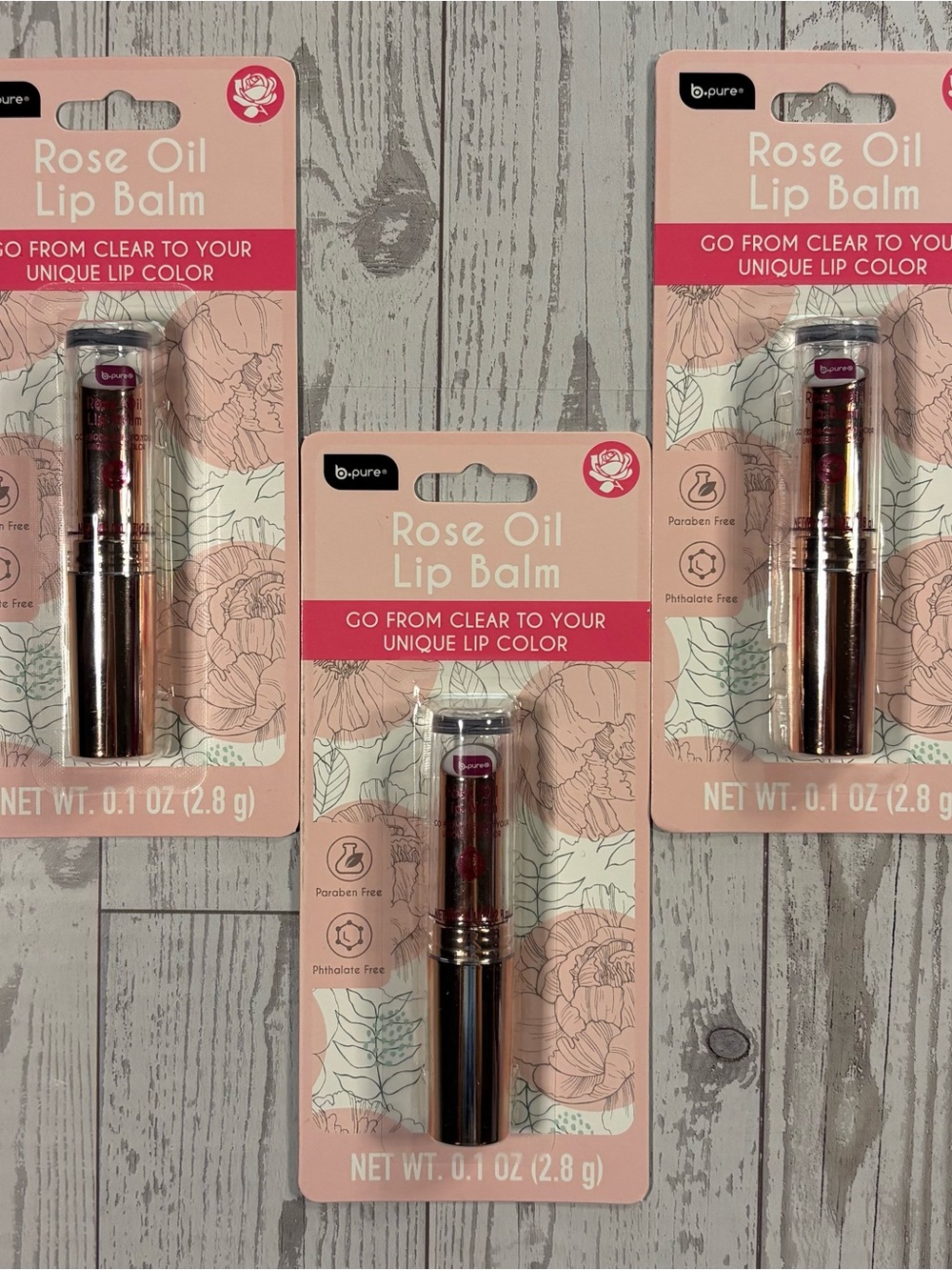 b.pure Rose Oil Lip Balm Lot of 3 Color Changing New Sealed